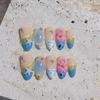 10Pcs Gradient Blue Almond Press On Nails Hand Painted 3D Seashell Flower Summer Ocean Fake Nails