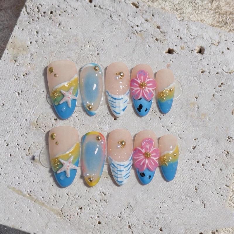10Pcs Gradient Blue Almond Press On Nails Hand Painted 3D Seashell Flower Summer Ocean Fake Nails