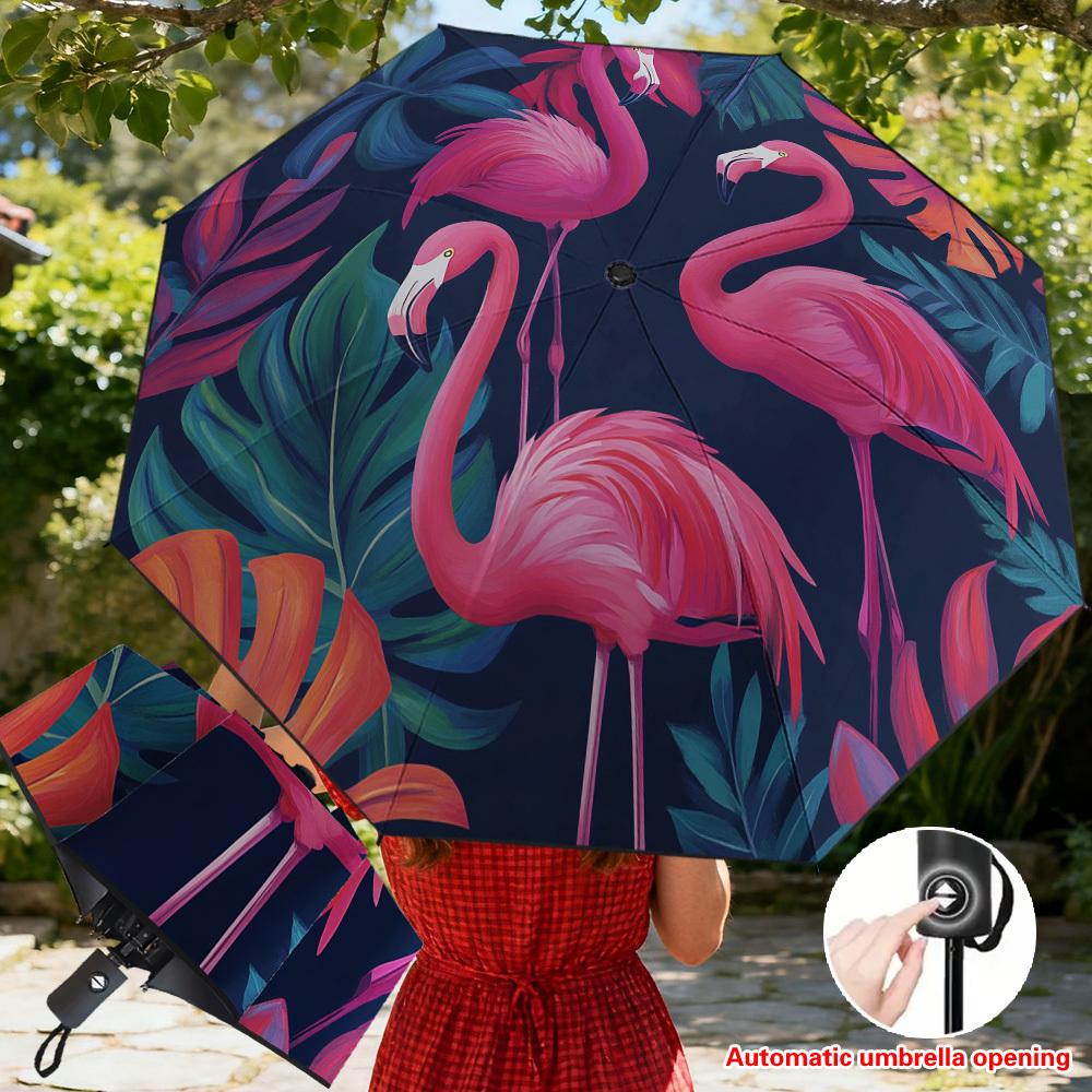 

1pc s Pink Flamingo & Tropical Leaf Automatic Umbrella - Self-Opening/ Closing,, 8-Rib Sturdy Frame, Compact Portable Parasol Iron&8K