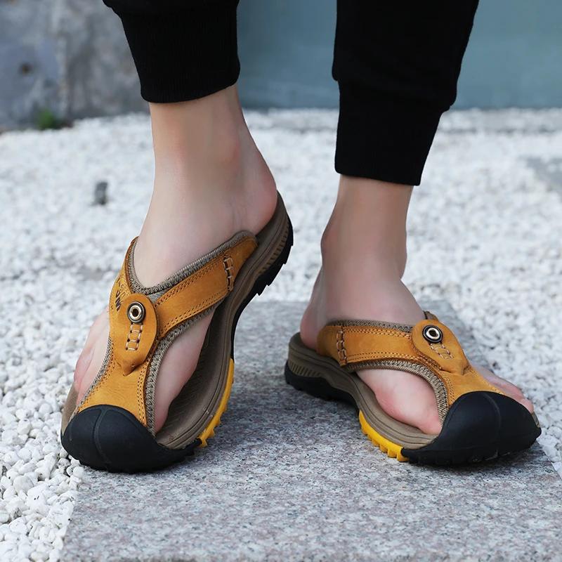 Fashion Genuine Leather Men Flip Flops Outdoor Thick Bottom Beach Shoes Comfortable Men Summer New Male Slides Luxury  Slippers Man