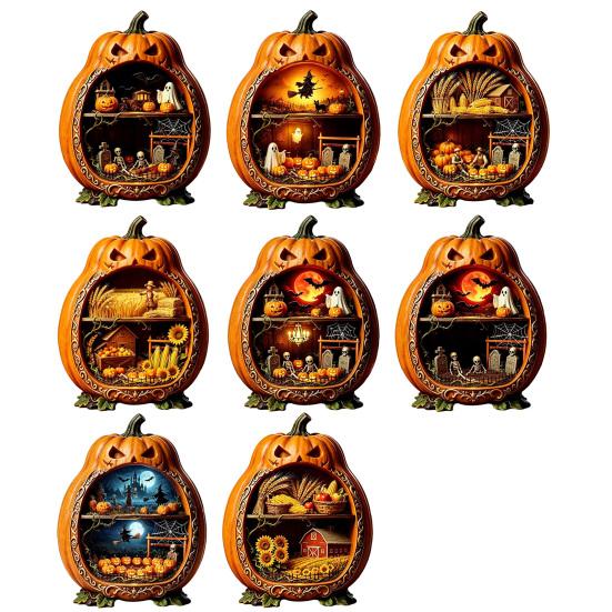 Rustic Halloween Tabletop Decor Centerpiece Pumpkin, Wooden Pumpkin Ornament with Miniature Scenes, Jack-o'-lantern Table Decorations Skeleton