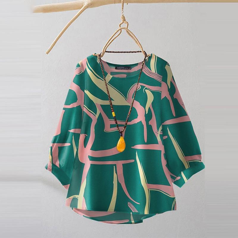 Women's Fashion Casual Summer Spring Colour Block Print 3/4 Sleeves O-Neck Blouses & Shirts