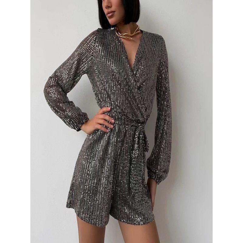 

Комбинезон Шорты2024 Весна Новое Поступление Мода Вечеринка Модный Пайетки Длинные Рукава Платье Цельный Шорты Black Silver S