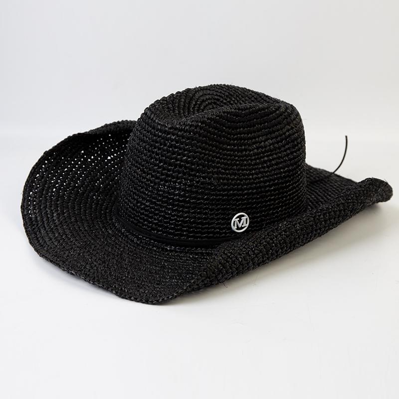 Handgehäkelter Western-Cowboyhut aus natürlichem Raffiastroh für Damen Herren Sommer Breiter Rand Sonnenhut Outdoor Atmungsaktiv Strand Panama