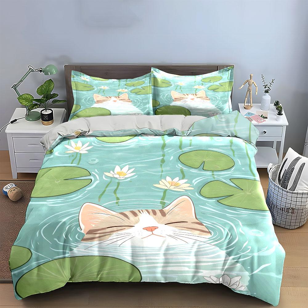 Cat Lily Pond Art Set Soft Comfortable Duvet Cover Bedding Set Included 1*Duvet Cover & 2*Pillowcases, Gift