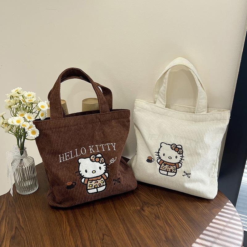 Embroidery Kitty handbag hand carry work cute large capacity versatile corduroy small bag Kitty cat