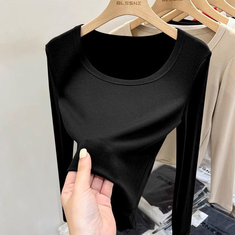 Neues Textur U-Ausschnitt Langarm T-Shirt Damen Geripptes Baumwoll-Basisshirt