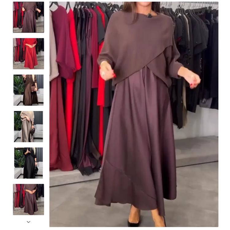 European & American Winter Round Neck 5-Point Sleeve Solid Color Elegant Dress