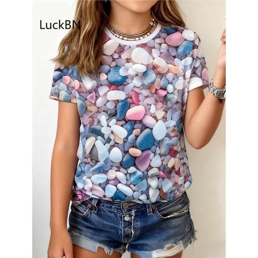 Kinder 3D-Druck Wassertropfen Regenbogenfarben T-Shirts Mädchen Herz Steine Mode Weiche Bequeme T-Shirts Kinder Top