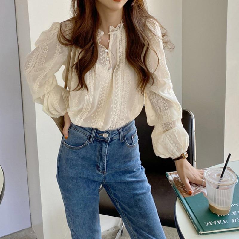 Elegant Embroidery Lace Women Blouse Autumn Fashion Vintage Round Neck Slim Long Sleeve Women's Shirt Tops Solid Loose Casual Ladies Blouses 25174