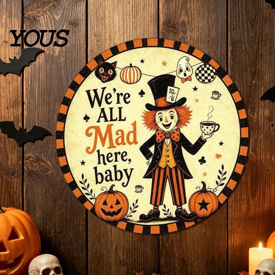Holiday Party Wall Decoration Retro Halloween Sign, Round Metal Decorative Vintage Festive Home Ornament Rustic Art Decor for Living Room Mounted