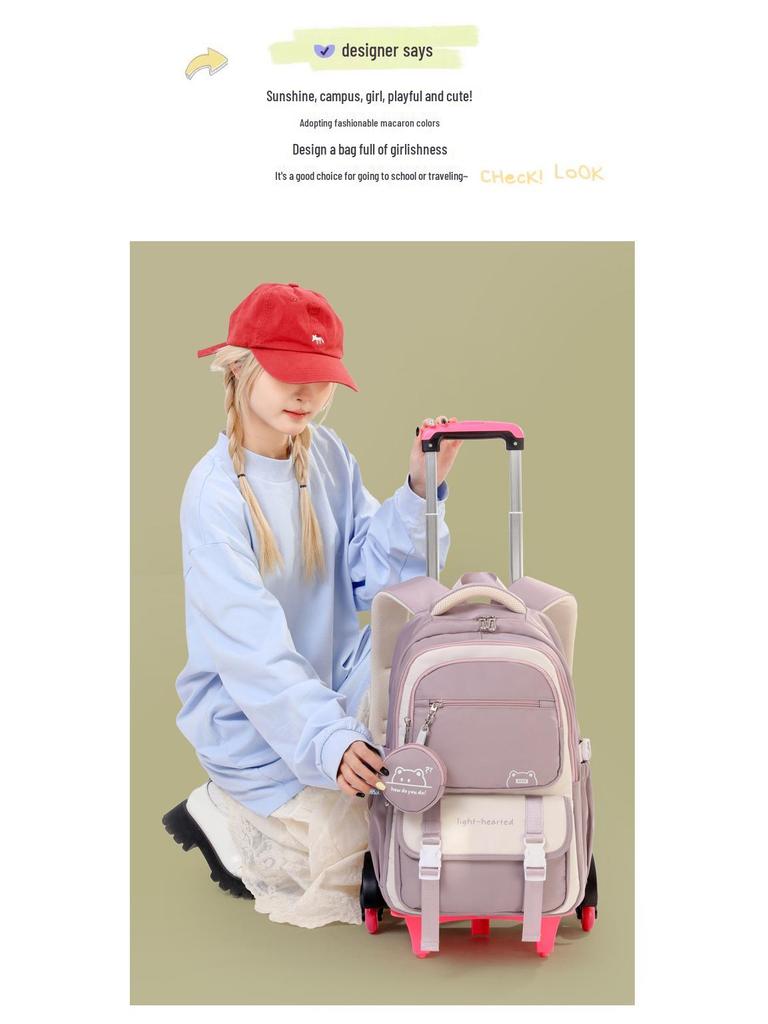 Natural Fish Design Trolley Backpack for Middle School Girls - Large Multi-Layer Capacity