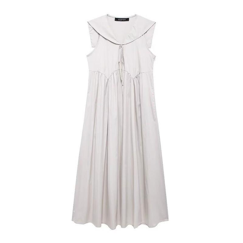 

European American Women s Clothing Summer Fashionable Navy Collar Sleeveless Long Dress M