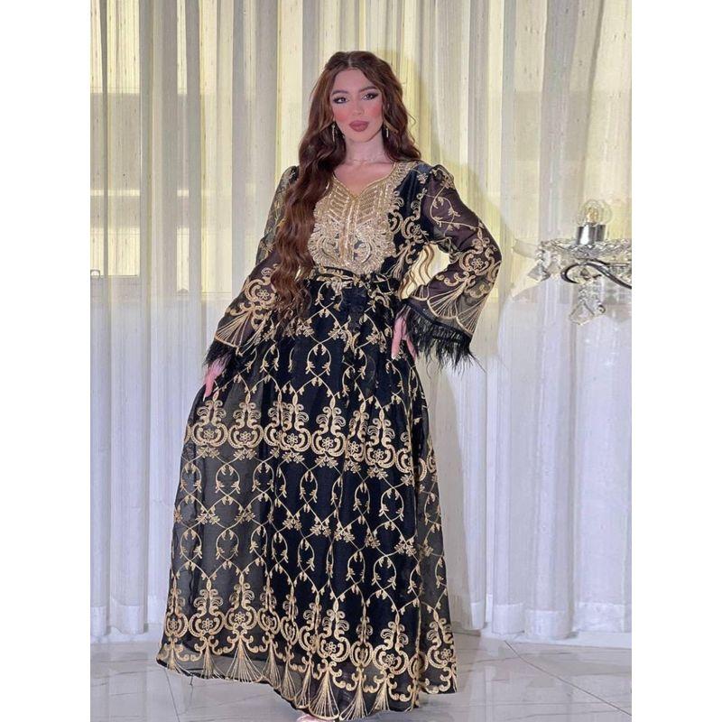 Arabic Dubai Women's Gold Mesh Embroidered Gorgeous Middle East Indonesian Robe Evening Gown Arabian Dress
