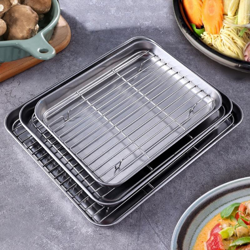 Stainless Steel Baking Pan Tray With Removable Wire Rack Bbq For Even Heat Distribution And Food Presentation Kitchen Gadgets