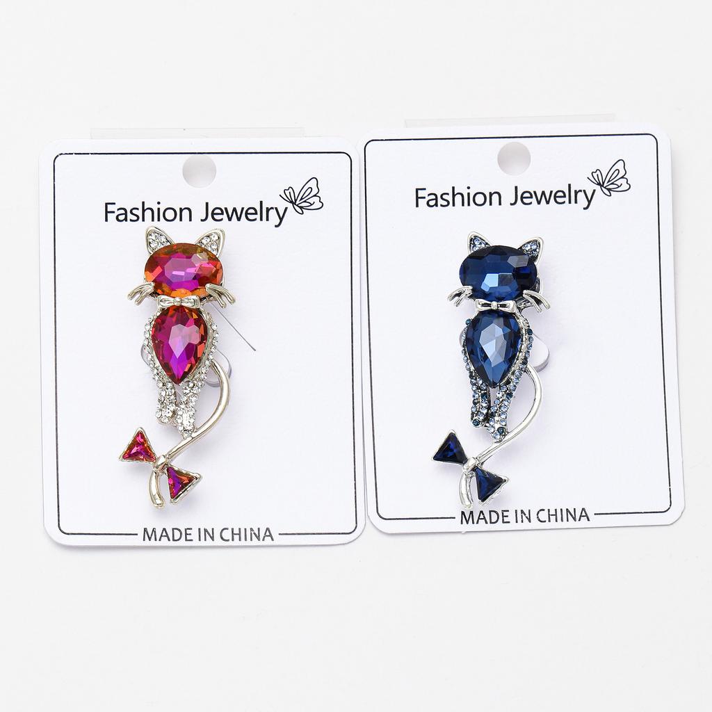 Glass Cat Brooch for Women Rhinestone Animal Kitten Lapel Pins Party Accessories