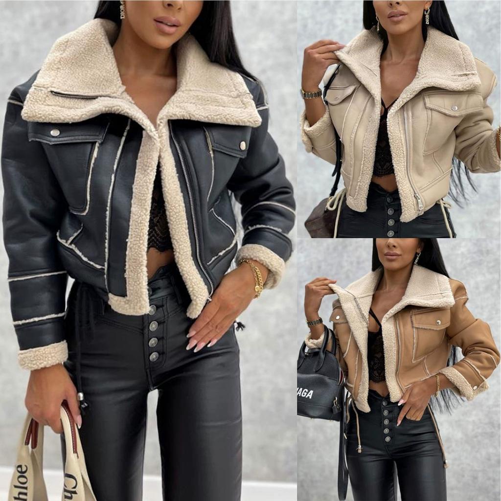 Autumn and Winter Jacket Lamb Wool Short Jacket Zipper Motorcycle Style PU Leather Jacket Top Women