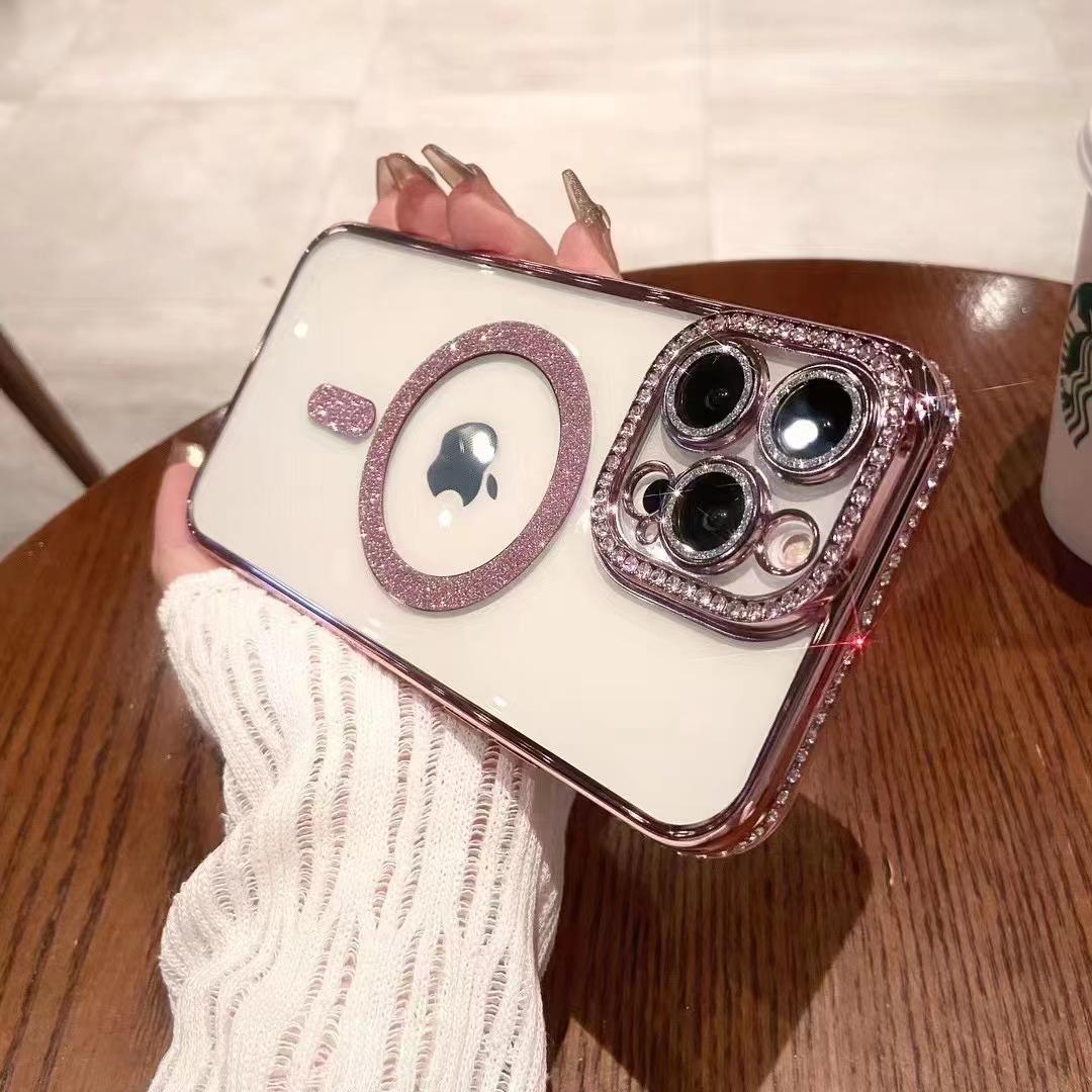 

Гальванизированный магнитный чехол для телефона с инкрустацией бриллиантами, подходит для iPhone16pro, защитный чехол 14plus, чехол 13 Apple, 15p iPhone16Promax розовый