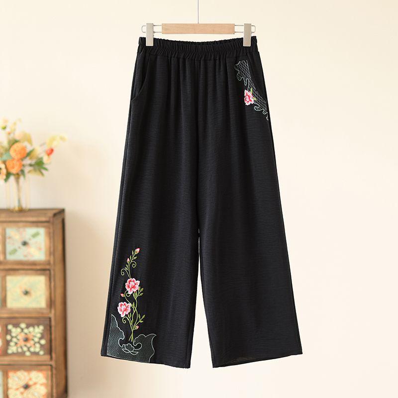 

Mom s Summer Ice Silk Embroidered Pleated Wide-Leg Skirt Pants: Lightweight Casual Wear for Middle-Aged and Elderly 2XL for 45-60 kg чёрный