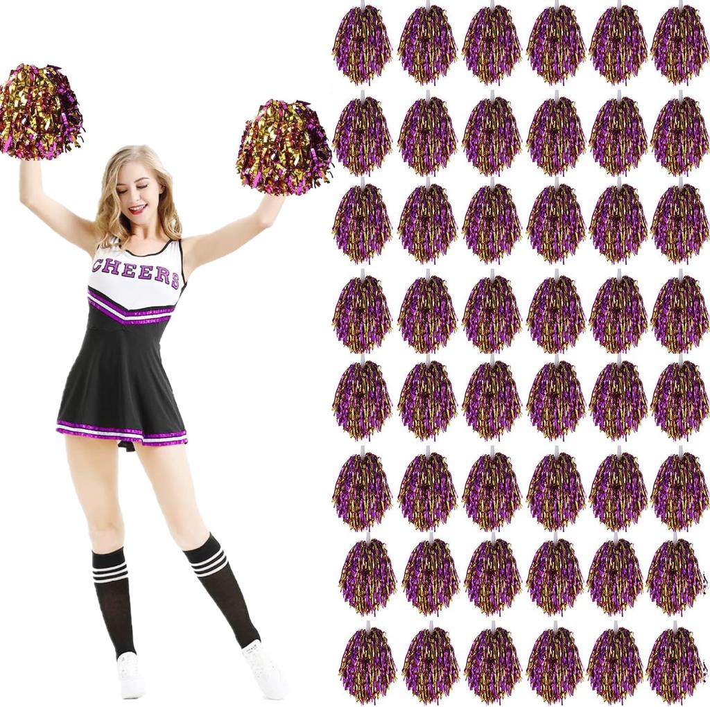 24Pcs Blue Purple Gold Cheerleading Pom Poms With Metallic Foil Plastic Baton Handle For Game Sports Squads Dancing Football