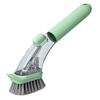 Long-Handled Dishwashing Brush with Automatic Liquid Dispensing and Steel Wire Bristles for Pot and Pet Cleaning.
