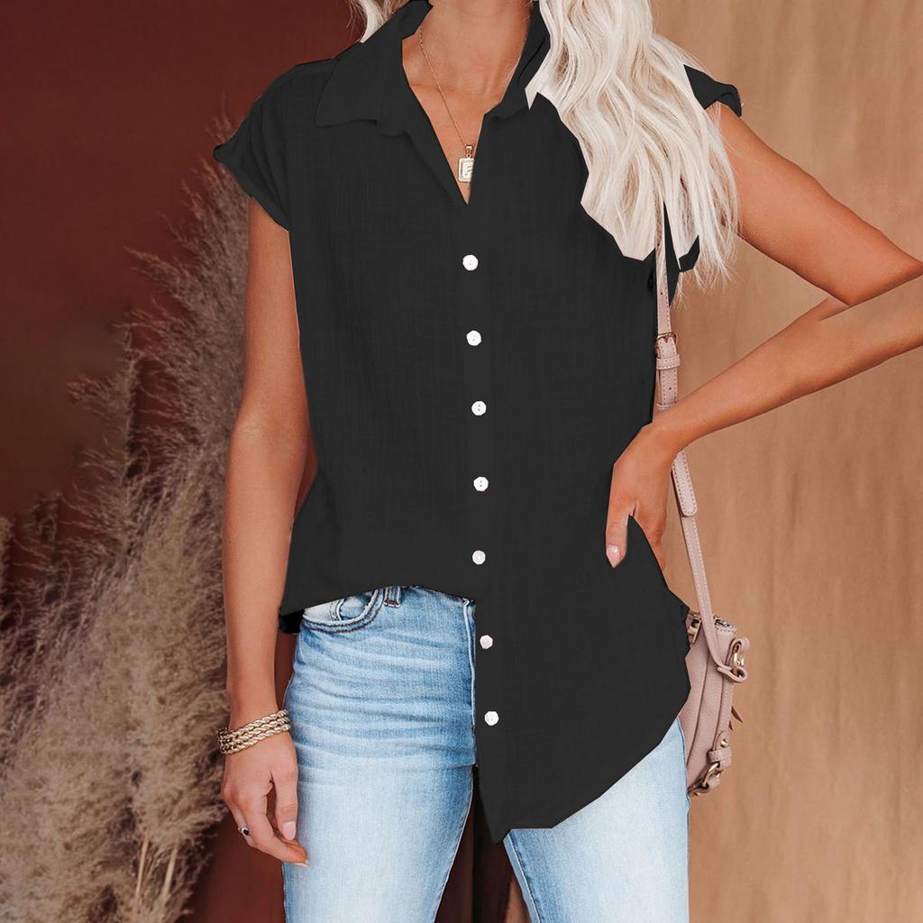 Women's Casual Fashion Short Sleeve Solid Color Single Breasted Shirt Top