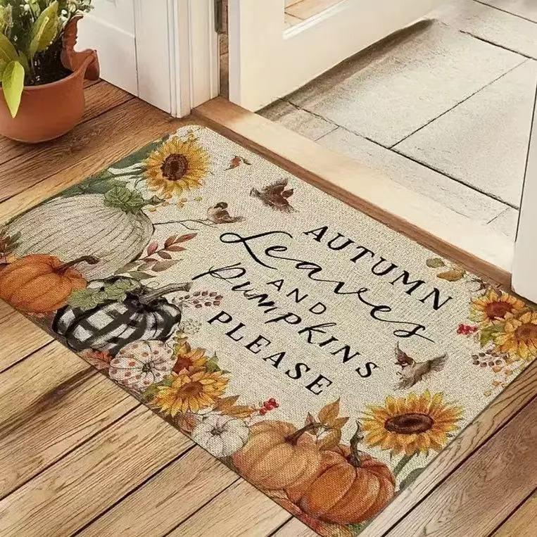Autumn Theme Door Mat With Pumpkin Maple Leaf Sunflower Patterns Soft Decorative Entryway Rug For Home Indoor Outdoor
