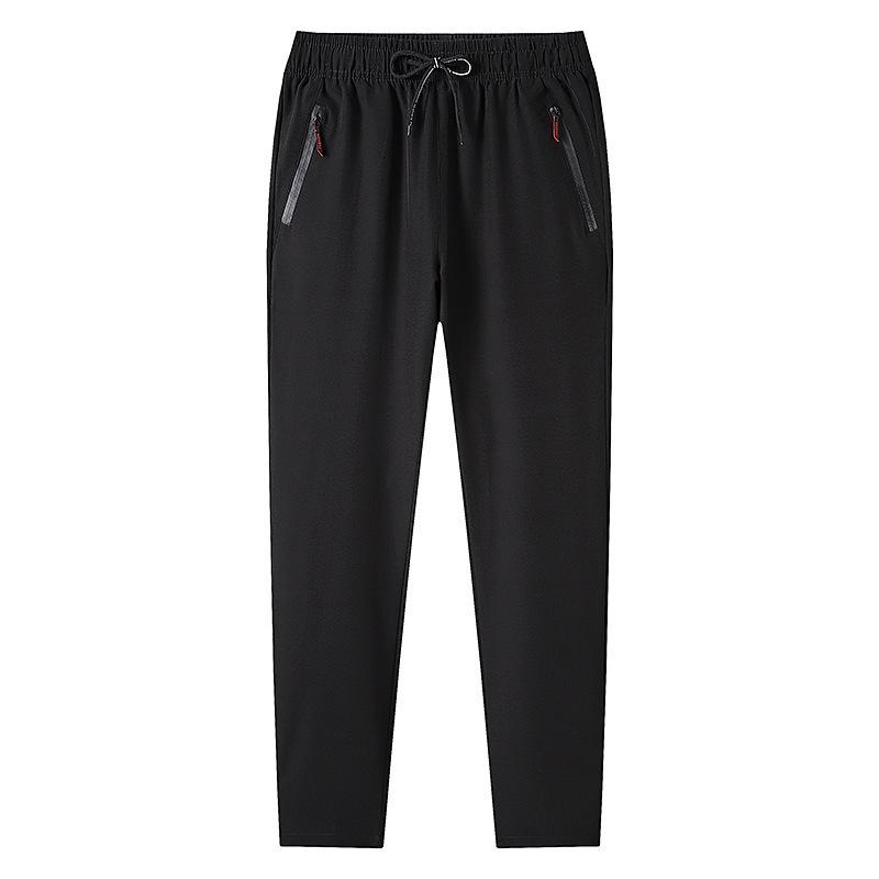 Summer Men's Quick Dry Casual Pants Elastic Waist Drawstring Zipper Pocket Straight Leg Trousers