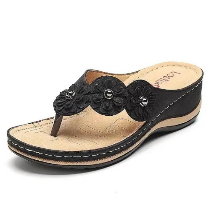 

Fashion Summer New Large Size Sandals Women Europe and The United States Multi-color Handmade Retro Flower Flat Wedge Sandals Women 36 чёрный