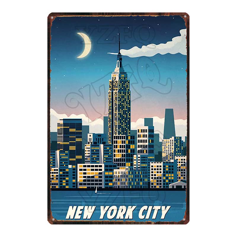 [ YZFQ ] New York City Reiseplakette Metall Vintage Blechschild Reisesouvenir Wand Bar Zuhause Restaurant Dekor 30X20CM DU-3558A
