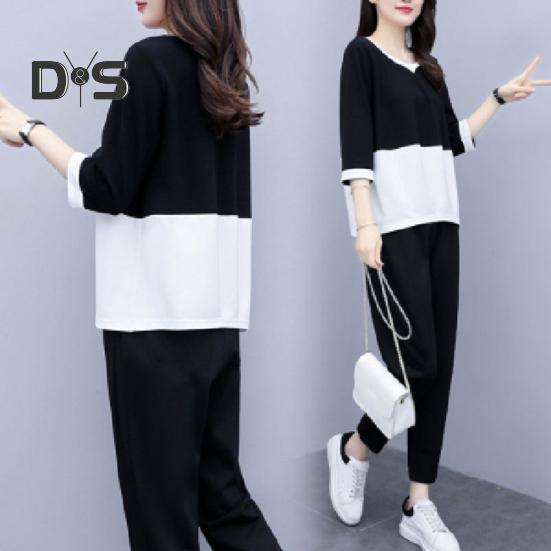 2 ks/sada Dámské tričko Kalhoty Set Sportovní oblečení Colorblock Top s kulatým výstřihem Poloviční rukáv Top Elastický pas Dlouhé Kalhoty Běžné kalhoty Top na dojíždění