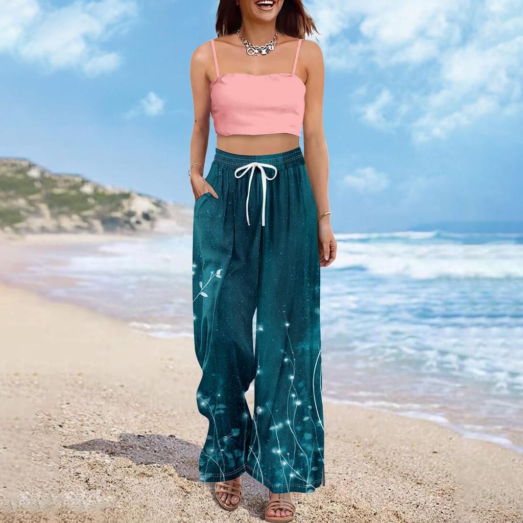 Dámské letní kalhoty Boho Palazzo s vysokým pasem a širokými nohavicemi s květinovým potiskem ležérní kalhoty s kapsami