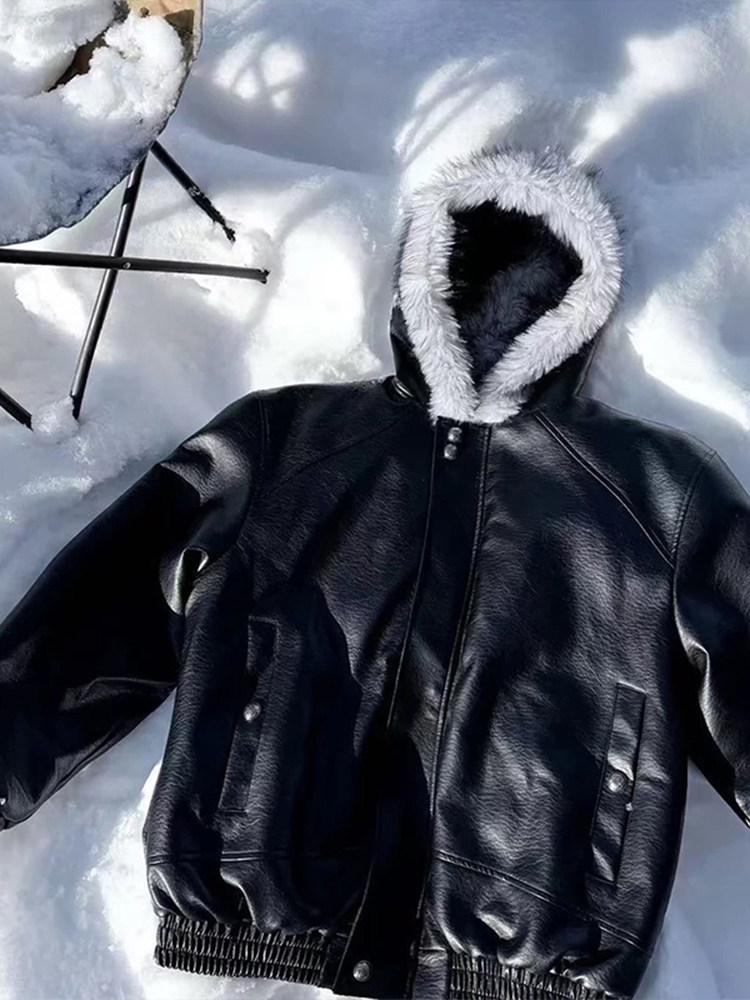 Unisex American Style Hooded PU Leather Jacket with Wolf and Eagle Design - Thick, Warm Cotton for Winter