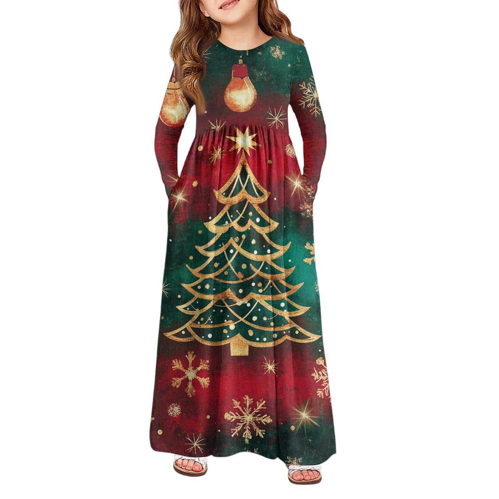

Girls Maxi Dress - Long Sleeve Pocket Dress Christmas Day 110