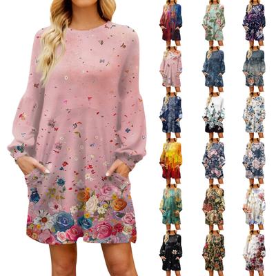 Fashion Womens Long Sleeve A Line Dress Fall Casual Pullover Crewneck Loose Fit Dress With Pockets
