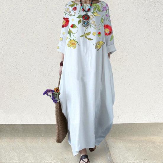 Women Long Dress Round Neck 45720 Sleeves Loose Floral Print Fashion Outfits