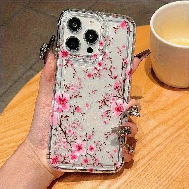 Pink Cherry Blossom Branch Art Phone Case for iPhone 17 16 15 14 13 12 11 Series Pro Max Plus Double Layer Protection