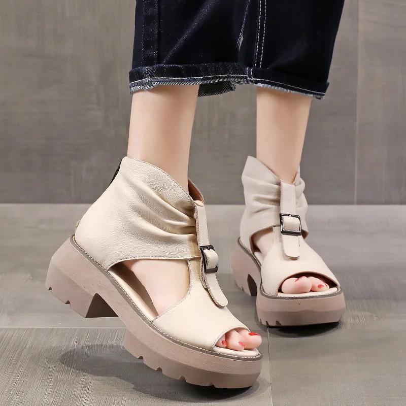 Fashion Vintage PU Leather Sandals Mid Heel Summer Fish Mouth Ladies Shoes Summer Shoes Casual Mother Sandals