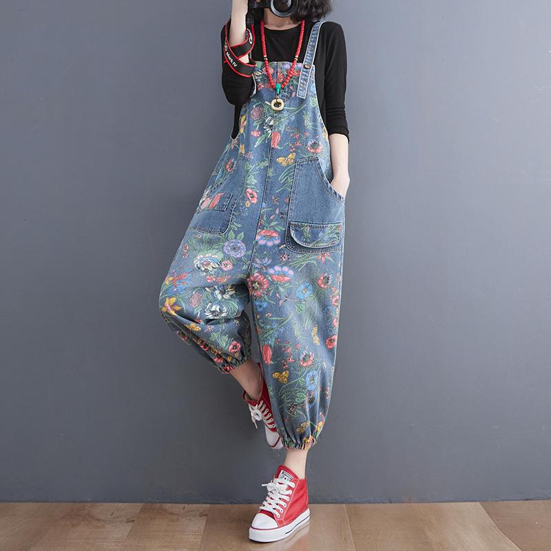Women s Spring/Fall Slim-Fit Printed Washed Denim Overalls S