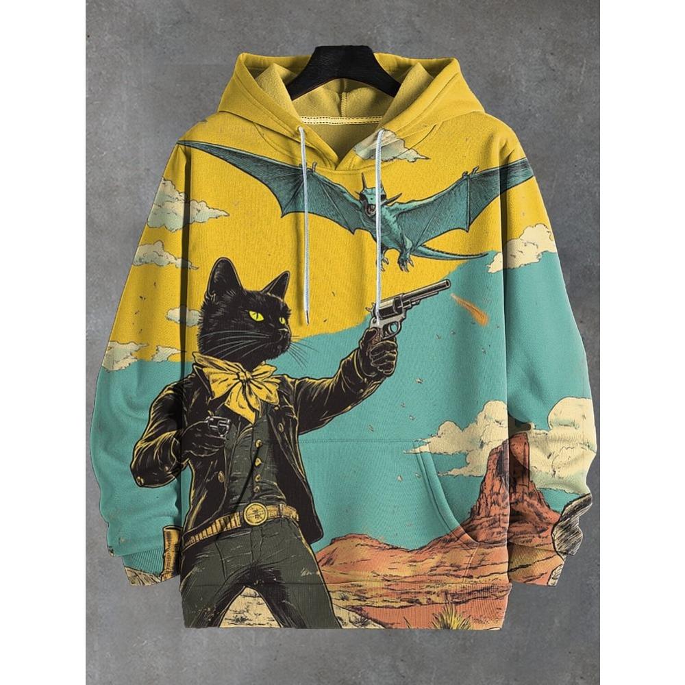 Cartoon Space Cat Pattern Hoodie Men's New Autumn/Winter Loose Pullover Sports Sweatshirt