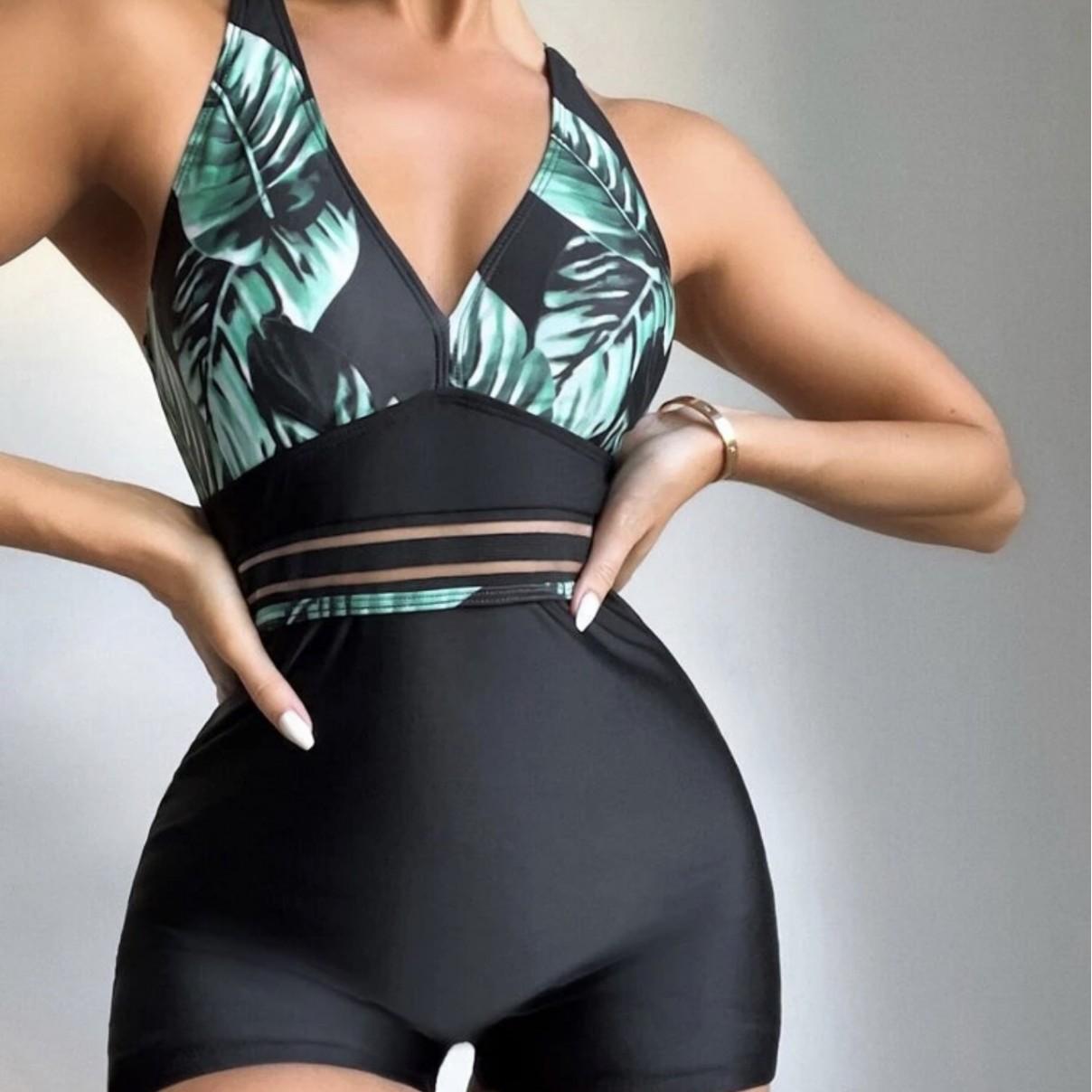 2026 European and American New Leaf Printing Color Matching Boxers One-piece Swimsuit S чёрный