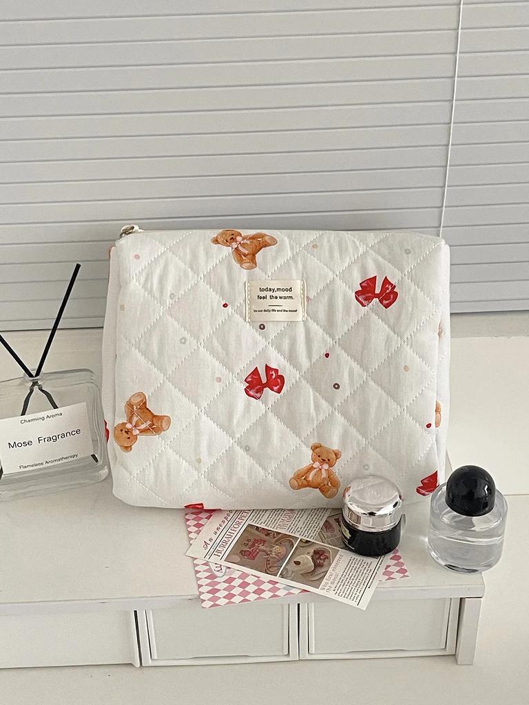 Large Capacity Ladies Travel Storage Bag Portable Quilted Female Handbag Cute Cartoon Bow Bear Women's Makeup Case Cosmetic Bags
