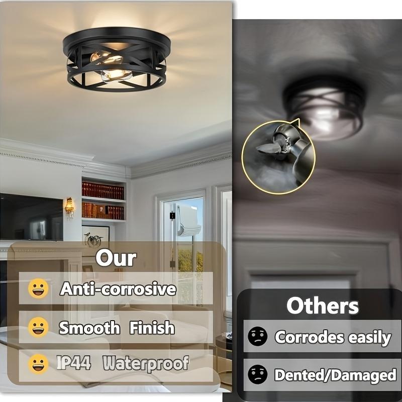 Metal Black Cage Farmhouse Flush Mount Ceiling Ligh, Industrial Close To Ceiling Light, Rustic Style, IP44, Suitable for Hallway, Kitchen, Bedroom, En