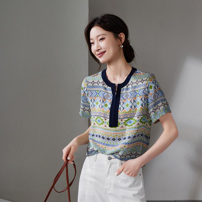 SOFSIL Women s 2026 Summer Ethnic Print Silk Short-Sleeve Shirt L