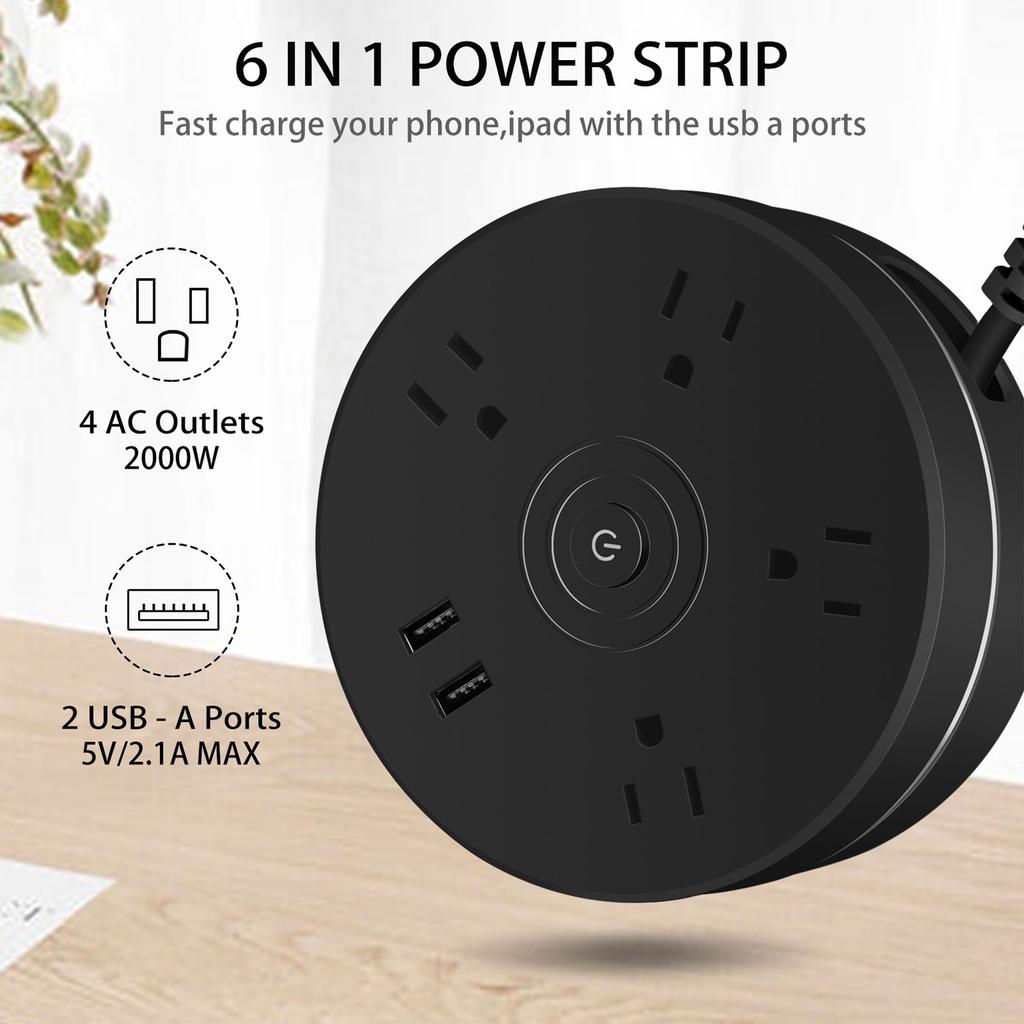 6 in 1 USB Power Strip Surge Protector US Plug Wall Adapter with 4pcs AC-Outlets and 2x USB Ports for Travel Office