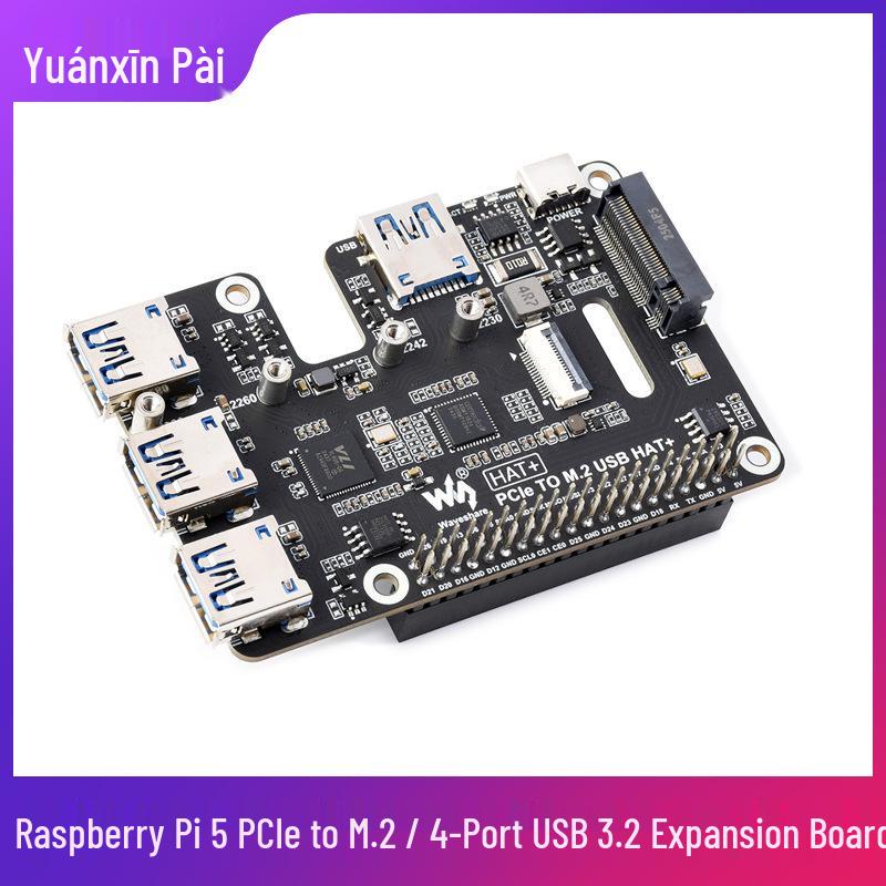 Raspberry Pi 5th Gen PCIe to M.2 Expansion HAT + 4-Port USB 3.2 Gen2 NVMe SSD Boot Adapter