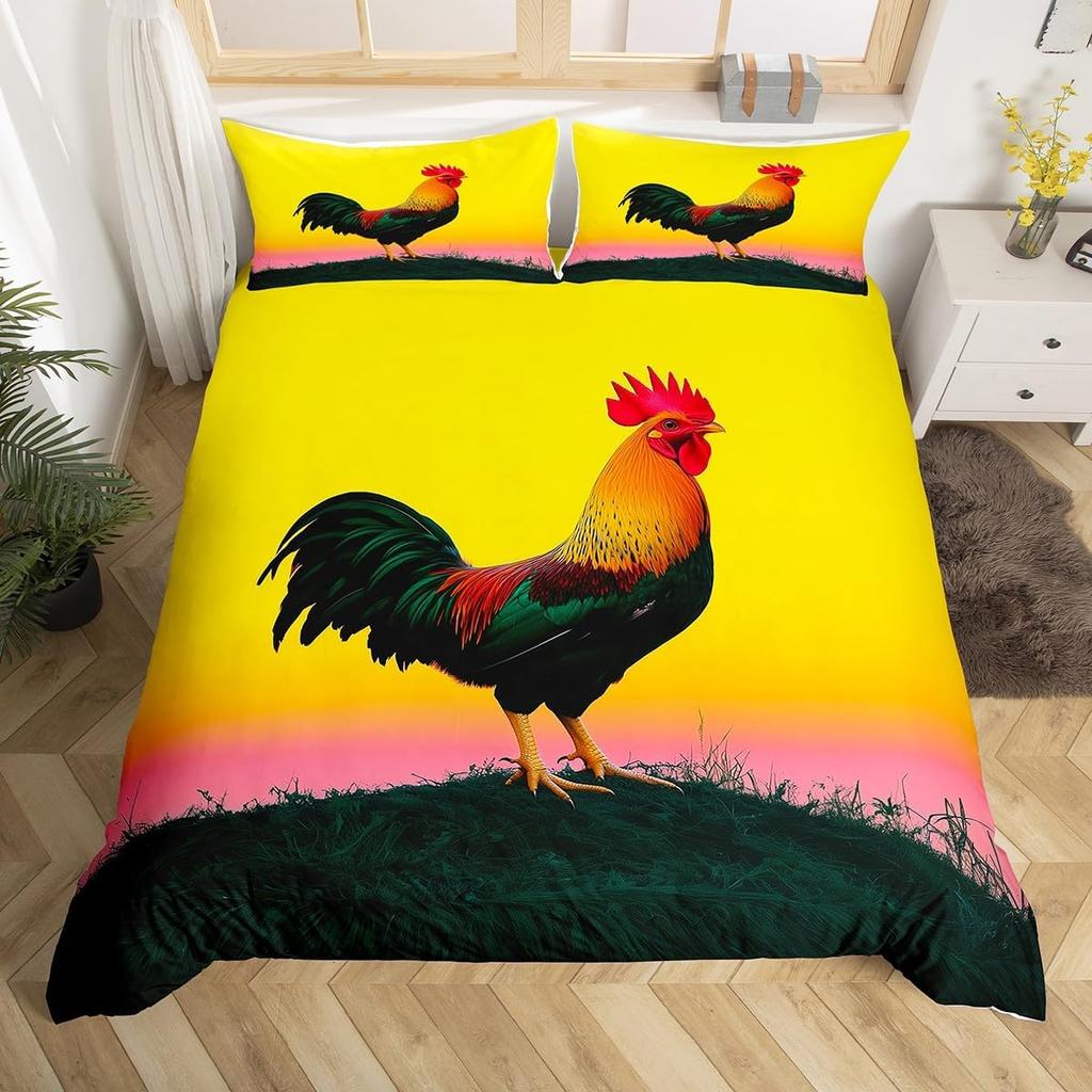 Rooster Duvet Cover Set Twin King Size,Watercolor Chicken Farmhouse Animal Bedding Set For Kids Boys Girls Floral Quilt Cover