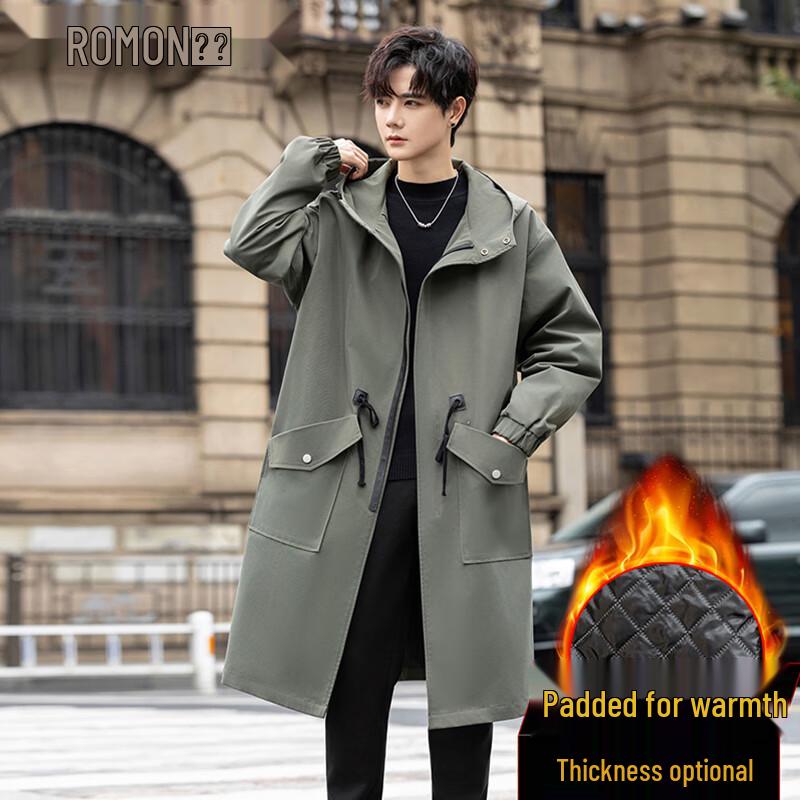 ROMON Men's Mid-length Hooded Trench Coat