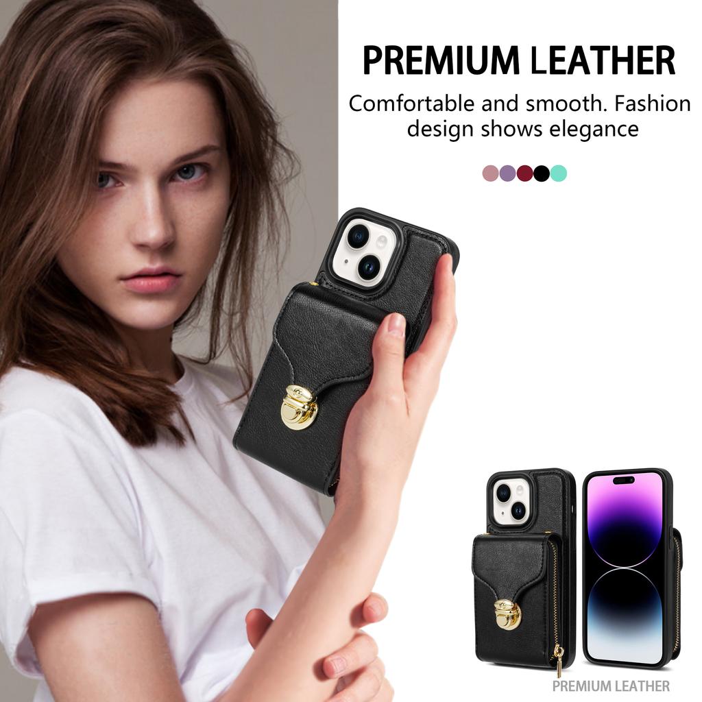 For iPhone 15 Card Slot Phone Case PU Leather Coated TPU Zipper Pocket Kickstand Cover with Shoulder Strap