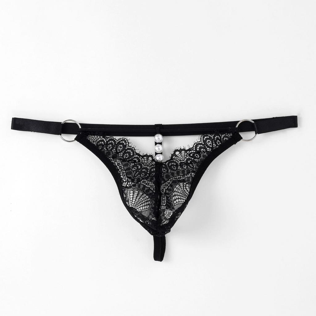 Sissy Pouch Panties Sexy Men Lingerie Waist Adjust Lace Perspective T-Back Thong Low Rise Crossdresser G-String Pearl Underwear